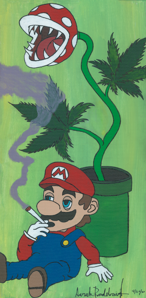 Purple Haze" Original Print - Super Mario smoking a cigarette with a pot plant and red flower in the background  now you can buy original art online by Sarah Radd. 